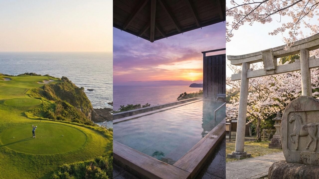 川奈ホテルゴルフコースの絶景、ブリサマリナの温泉、神祇大社の午年の干支石をまとめた1泊2日モデルコースのアイキャッチ画像