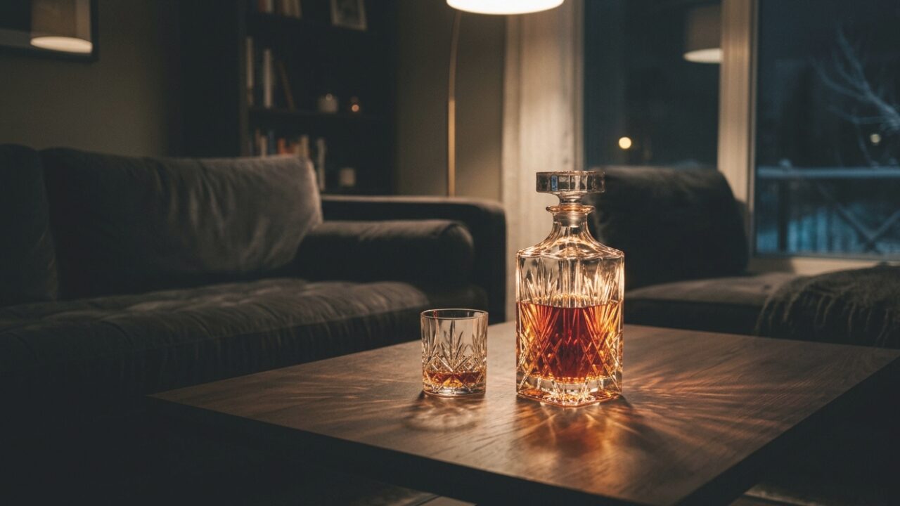 ノン鉛クリスタルガラス製のウイスキーデカンタとグラスが冬の夜のテーブルに置かれている状態
