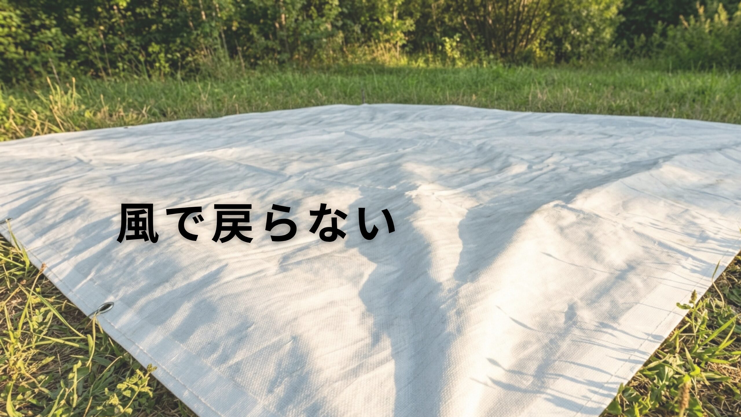 白いラミネート加工のファブリックシートが芝生の上に広げられており、 午後の斜光がシート表面に当たっている状態。 左端にハトメが見えている。