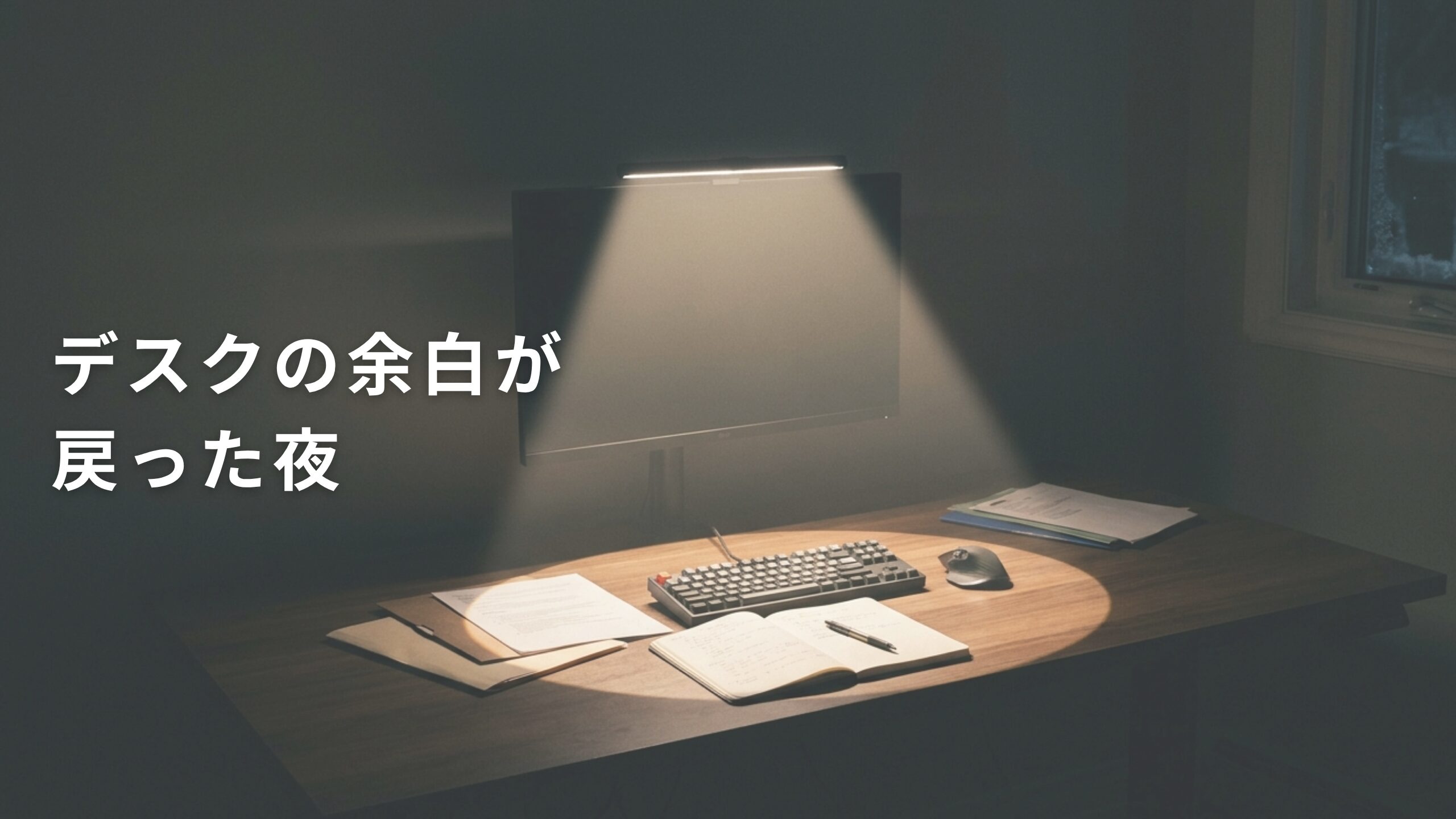 BenQ ScreenBar Proをモニター上部に設置し、手元のキーボードと資料を照らしているデスクの状態